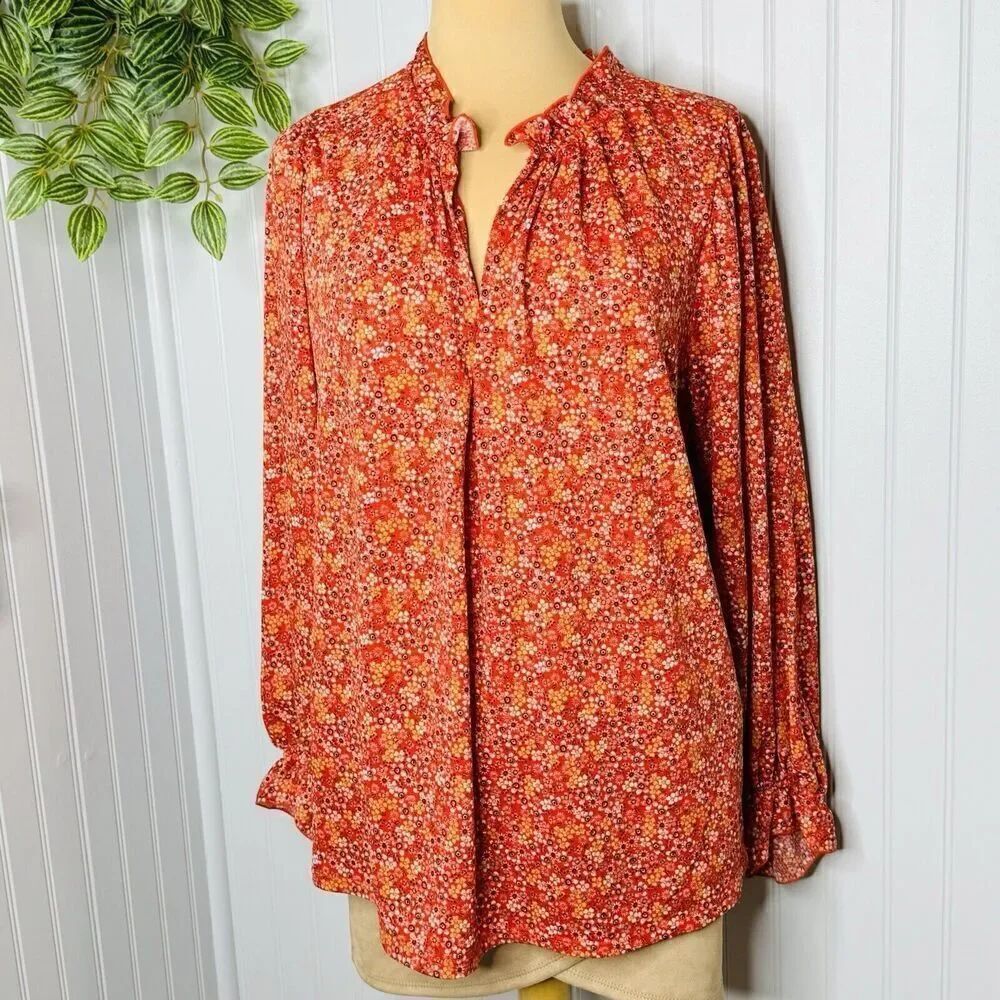 Max Studio Womens Plus Sz 1X Ruffle Neck Top Red White Floral Long Sleeve BOHO